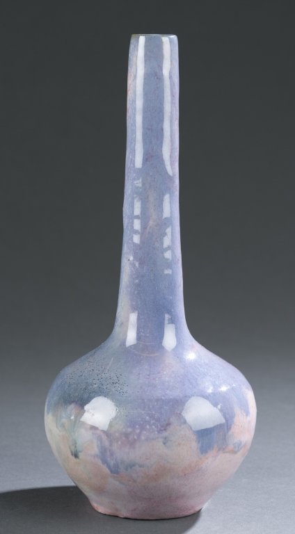 Arequipa flowing mottled glaze vase.: An Arequipa flowing mottled glaze vase. Pink and lavender mottled glaze. Incised on bottom, "Arequipa California" in script. 8 3/4"h. Publication: Forster, Alternative American Ceramics, p.45. Propert