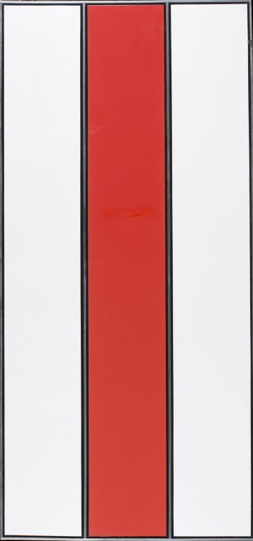 Tadaaki Kuwayama, minimalist of red and white.: Kuwayama, Tadaaki (Japan/United States, 1932-). 1968. untitled. Car paint on canvas. White and red vertical stripes. Dim: 59.5" x 28"