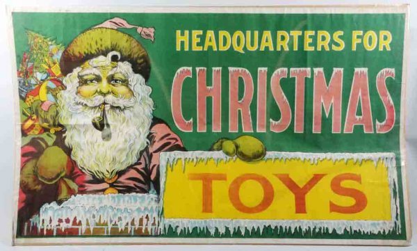 CHRISTMAS GOODS poster, c.1880.: A CHRISTMAS GOODS lithograph poster. c.1880s. Backed on linen. Image of Santa Claus in a chimney with the title "HEADQUARTERS FOR CHRISTMAS TOYS" on the right. "37" x 60"