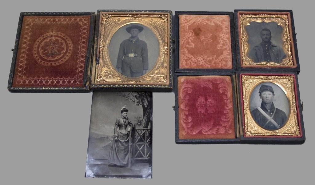 Civil War Soldiers: 4 photos w/ 1 identified: [Civil War Soldiers] 4 Photographs, incl 3 of Civil War soldiers. ++ Ambrotype (1/16 plate) of a soldier in the Ohio Volunteer Infantry. Later notation on inside of contemporary case: “Wm. Vance… 