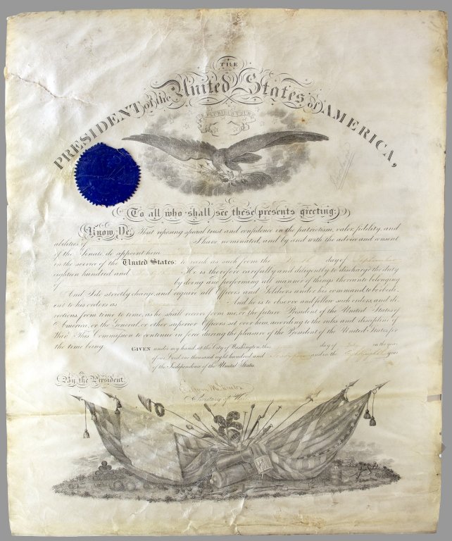 Edwin M. Stanton. Signed commission.: [Military/Civil War] Edwin M. Stanton. Signed commission, issued to Enoch Pearce, for the position of Surgeon of Volunteers. Commission was effective “…from the ‘Ninth’ day of ‘September’ 