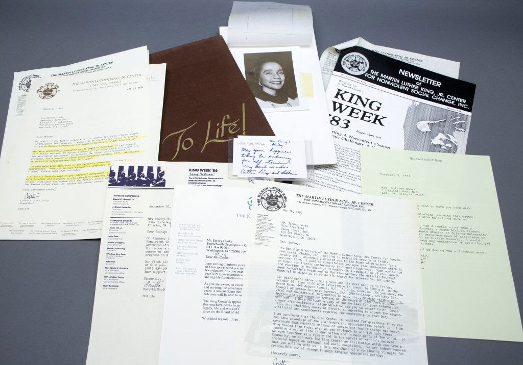 10 items: 9 signed by Coretta Scott King.: 10 Items: 9 Signed by Coretta Scott King, (Mrs. Martin Luther King). 4to or smaller. ++ 6 TLSs to Stoney Cooks, each signed “Coretta.” Each relates to The Martin Luther King, Jr. Center for Social