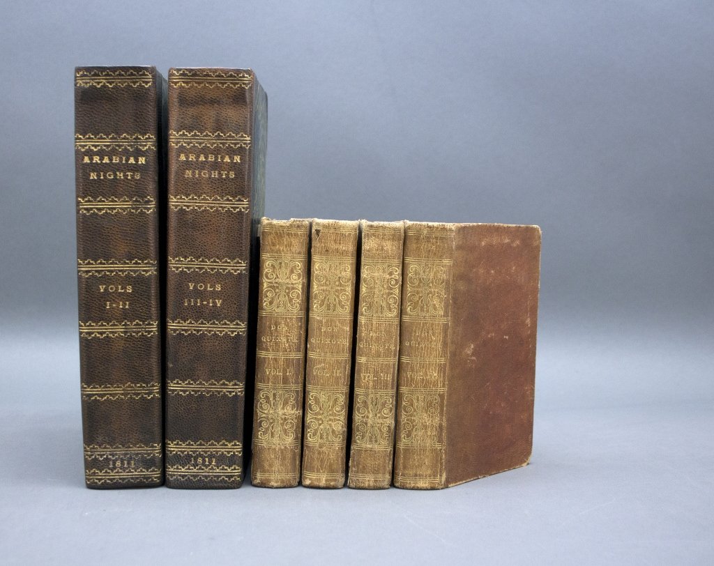 6 Vols incl: THE LIFE AND EXPLOITS OF DON QUIXOTE.: [Cervantes/Arabian Nights] 2 Titles (6 Vols) 12mo/8vo. Sold with all faults. ++ Miguel de Cervantes Saavedra. THE LIFE AND EXPLOITS OF DON QUIXOTE DE LA MANCHA. 4 Vols. Charles Jarvis translator. Exet