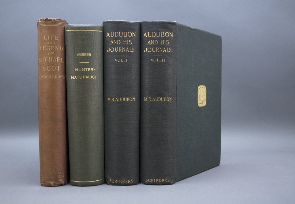 4 Vols incl: AUDUBON AND HIS JOURNALS.: [Ornithology/Hunting] 3 Titles (4 Vols). 8vo. ++ Maria R. Audubon and Elliot Coues. AUDUBON AND HIS JOURNALS. 2 Vols. Scribner’s, 1897. Some corners of covers bumped, bump to upper edge of Vol II’