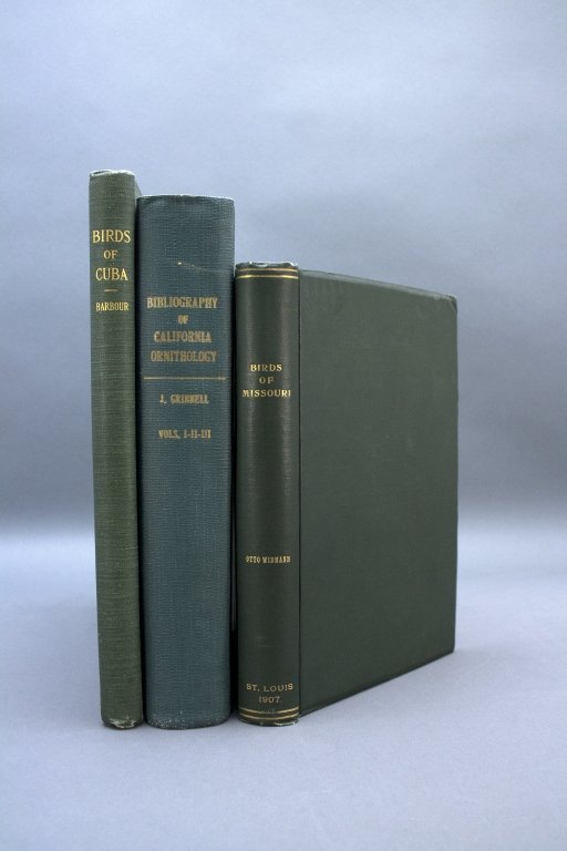 3 Books incl: Barbour. THE BIRDS OF CUBA. 1923.: [Ornithology] 3 Titles. ++ Otto Widmann. A PRELIMINARY CATALOG OF THE BIRDS OF MISSOURI. St. Louis: 1907. 8vo. [2], 288 pp. Orig cloth. Front hinge starting, slight nicks to foot and crown of spine, c