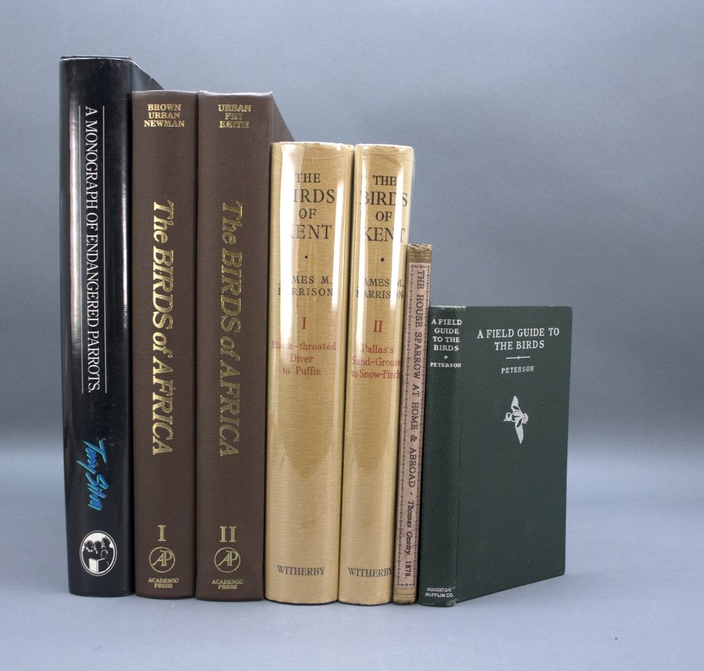 7 Vols incl: Harrison. THE BIRDS OF KENT.: [Ornithology] 5 Titles (7 Vols). 12mo-4to. Orig cloth, 3 in dj. ++ Roger Tory Peterson. A FIELD GUIDE TO THE BIRDS. Houghton Mifflin Co., 1934. 1st edition, 4th state (prtd tissue guards replaced with