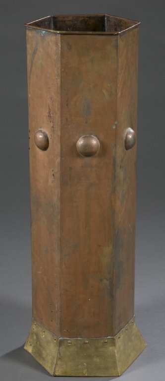 Stickley Bros Arts & Crafts umbrella stand #167.: A Stickley Brothers Arts & Crafts umbrella stand. c.1900 Having a hammered copper body and brass base. Hand beaten. 26"h x 10" base diameter.