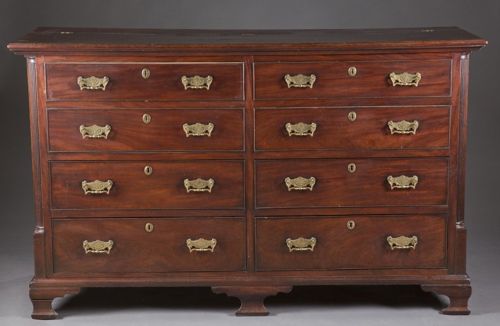 George III, English side-by-side mule chest.: A George III, English side-by-side mule chest. 19th century. Flip top opening behind 4 faux panel doors ontop of 2 over 2 drawers with original escutcheons and replaced pulls. With reeded columnar cor