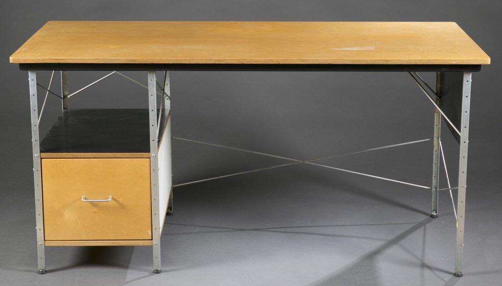 Eames ESU desk.: An Eames ESU desk. 2nd half 20th century. Designed by Charles and Ray Eames for Herman Miller. Wood veneer top, shelf and drawer with metal frame. 29 1/5"h x 60"w x 28"d.