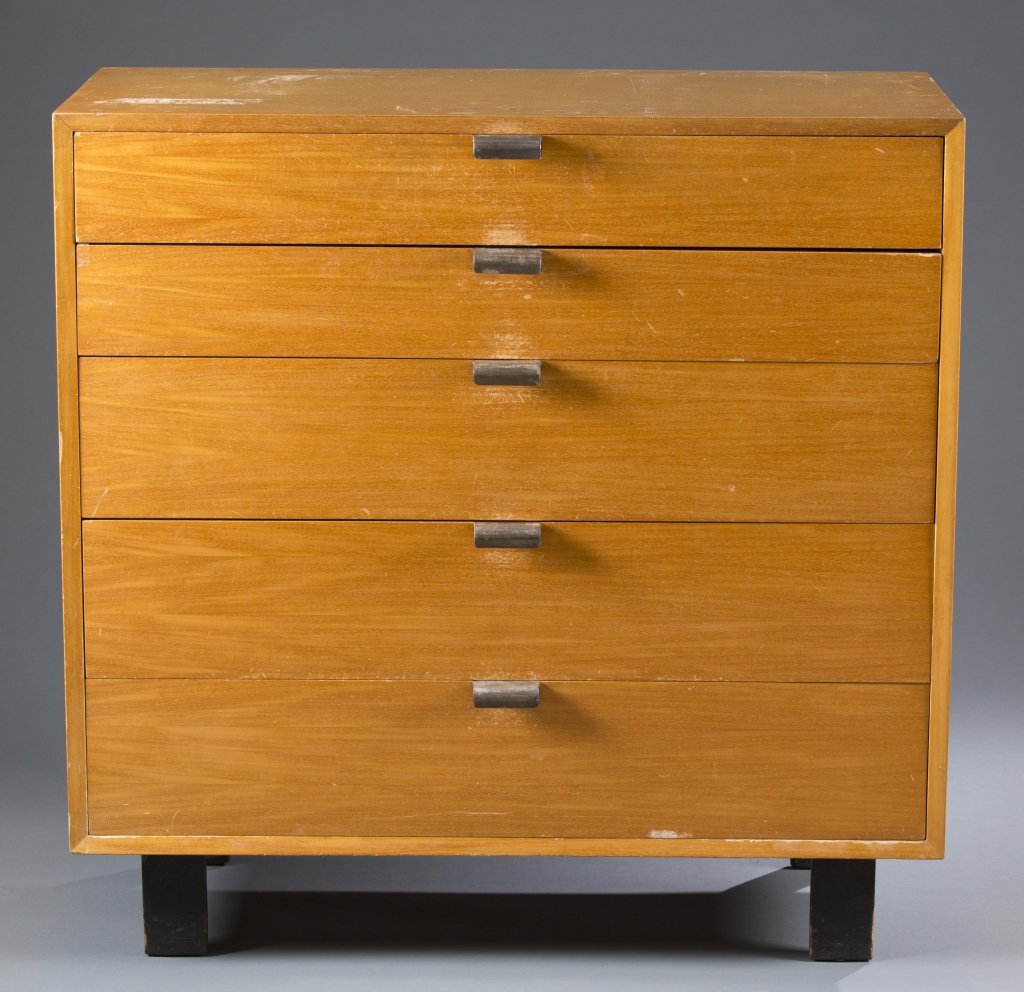 George Nelson/Herman Miller 5 piece mahogany bedroom: A George Nelson for Herman Miller mahogany bedroom suite. 1950s. 5 piece bleached mahogany with foil labels. ++ Dresser with 5 drawers in graduating size. 39 3/4"h x 40 3/4"w x 19 1/4"d. ++ Dresser wi