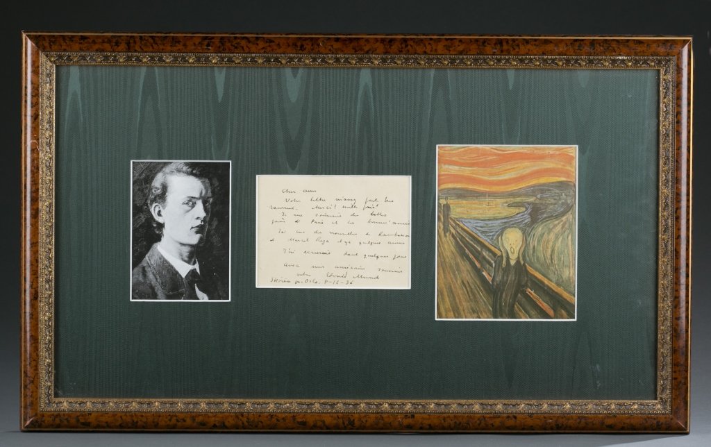 Edvard Munch signed letter, 1936.: An Edvard Munch signed letter. Dated 8-12-36. Letter 4" x 5 1/2". Framed under glass 14 1/2" x 24 1/4".