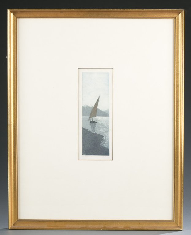John Taylor Arms. Moonlight Number one.: Arms, John Taylor ( Washington DC, 1887-1953) Mid 20th century. "Moonlight Number One". Aquatint. Signed l.r., John Taylor Arms & Personal collection (on l.l.) 7 1/8" x 2 1/8". Frame 19 1/4" x 15 1/4"