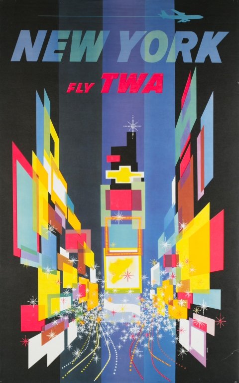 David Klein Poster of New York CIty for TWA: David Klein color lithograph poster w/ added fluorescent silk-screen overlay of New York City, NY, for TWA. c. 1960. Sheet 40” x 24 7/8”. Slight wear to edges. Tackhole to corners, 3 corners with