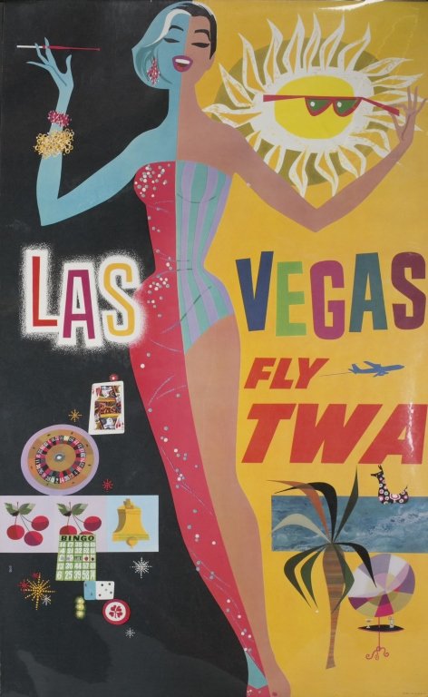 David Klein Poster of Las Vegas for TWA.: David Klein color lithograph poster of Las Vegas, NV, for TWA airlines. 40” x 22 ¾”. Few traces of edge wear, near fine.