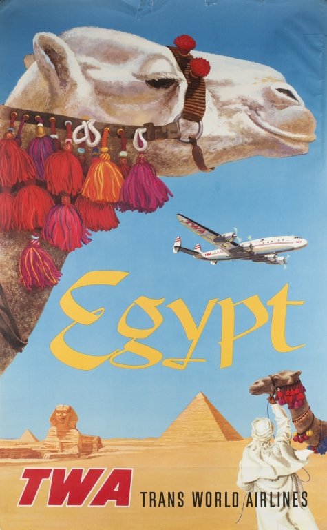 2 International David Klein posters for TWA.: A group of 2 International David Klein posters for TWA.++ Egypt for TWA airlines, c. 1960. Sheet 40” x 24 7/8". Several small tears to top, smaller tears to edges, chipped corners. Lower portion has