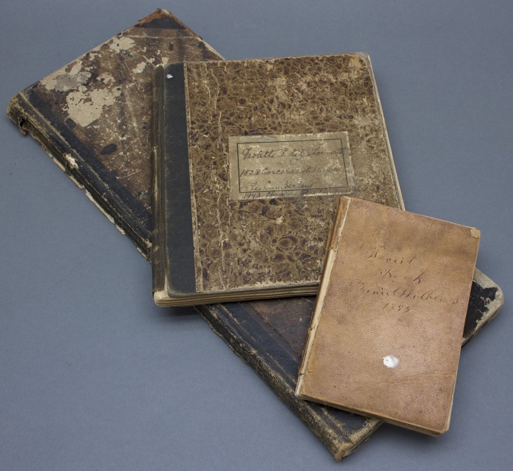 3 Vols: Ledger, receipts, handwritten sentiments.: [Manuscript Financial Records] 3 Vols. Sold with all faults. ++ Volume of handwritten transaction records. Items listed include last names, goods, services, and cities. Aug 1st 1869 – Dec. 2, 1871. 