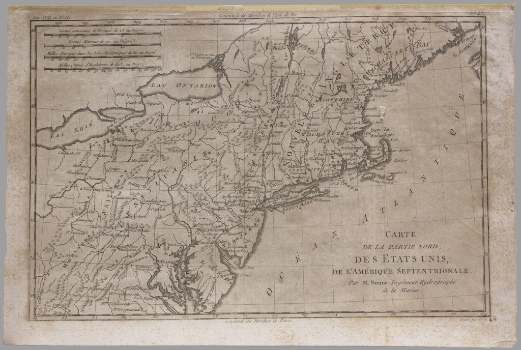 Carte de la Partie Nord, des Etats Unis...: [North America/New England] CARTE DE LA PARTIE NORD, DES ETATS UNIS, DE L’AMERIQUE SEPTENTRIONALE, Par M. Bonne, Ingenieur Hydrographe de la marine. Folding map. [C. 1780.] “Liv. XVII et XVIII.”
