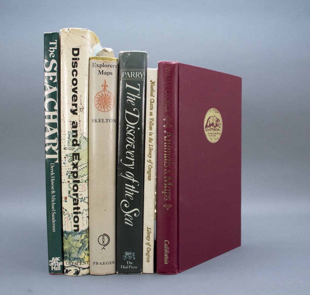 6 Maps References incl: Skelton. EXPLORERS’ MAPS.: [Reference] 6 Titles. 8vo/4to. hardcover; very good (4 in fair to very good dj). ++ R. A. Skelton. EXPLORERS’ MAPS. Frederick A. Praeger, (1958). ++ Walter W. Ristow and Skelton. NAUTICAL CHARTS ON 