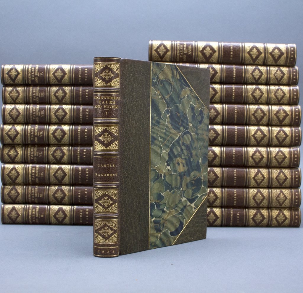 Tales and Novels of Maria Edgworth. 18 Vols.: [Edgeworth, Maria] TALES AND NOVELS OF MARIA EDGEWORTH. 18 Vols. Lon: Baldwin and Cradock, et. al., 1832-33. 18 frontises, 18 engr titles. Lacking ads leaves. Later ½ olive green morocco and marbled 