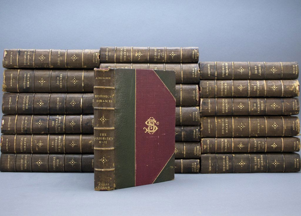 HISTORICAL ROMANCES... AINSWORTH. 20 Vols. 37/250.: HISTORICAL ROMANCES OF WILLIAM HARRISON AINSWORTH. 20 Vols. Phila: George Barrie & Son, (nd). Astral Edition, #37 of 250 on Japanese Vellum. 8vo. ½ green leather and maroon cloth with "HSS" at center