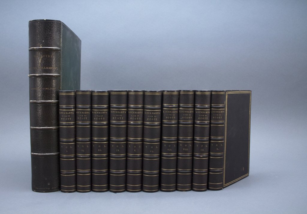 11 Vols: Count Grammont + Walter Scott, 10 vols.: [Scott, Walter]. 2 Titles (11 Vols). ++ J. G. Lockhart. MEMOIRS OF THE LIFE OF WALTER SCOTT, BART. 10 Vols. Edin: Adam and Charles Black, mostly 1853, Vol IX is 1852, engr titles 1839. 12mo. Later ½ 