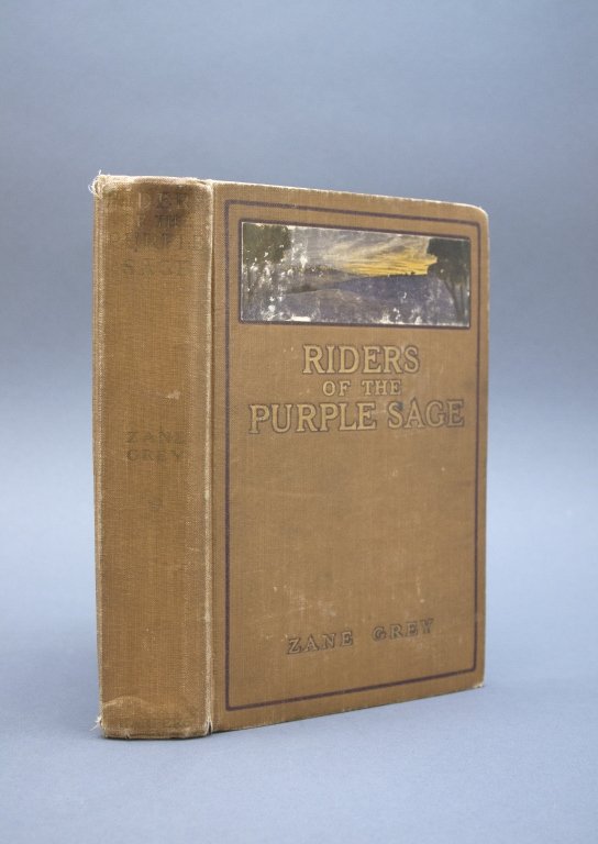 Signed: Zane Grey RIDERS OF THE PURPLE SAGE. 1912.: Grey, Zane. RIDERS OF THE PURPLE SAGE. Harper & Brothers, 1912. 1st edition with “Published January, 1912” on c-page, copyright notice slightly above the center of the c-page, and no boxed ads on 