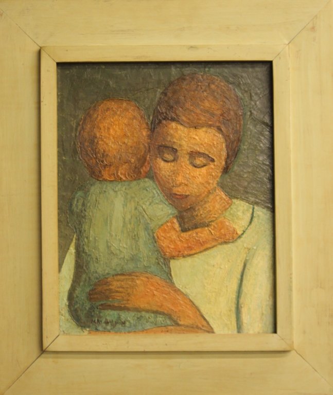 May Wilson oil on board: Wilson, May (Baltimore/United States, 1905-1986). 1953. Oil on canvas board. Portrait of a mother and child. Signed l.l. On back, in pencil: title, artist, date, paint/color formulas. Wood frame. 20"