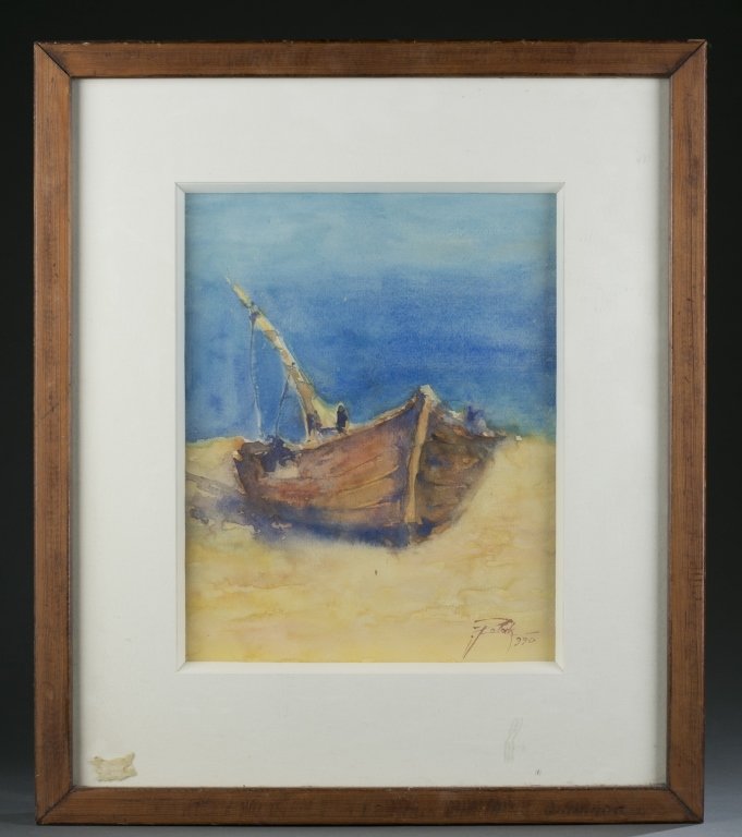 Polak, watercolor of a boat, 1990.: Polak (Unknown). 1990. Watercolor. Boat beached on sand. Singed and dated l.r. Polak, 1990. 14" x 11". Mated and framed under glass: 22 1/2" x 19 1/4".