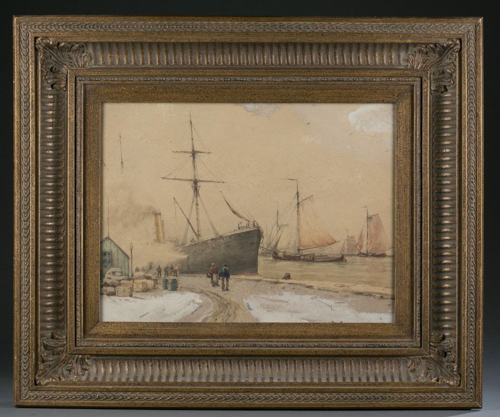 Dutch watercolor of a winter harbor scene, 19th c. (1 of 3)