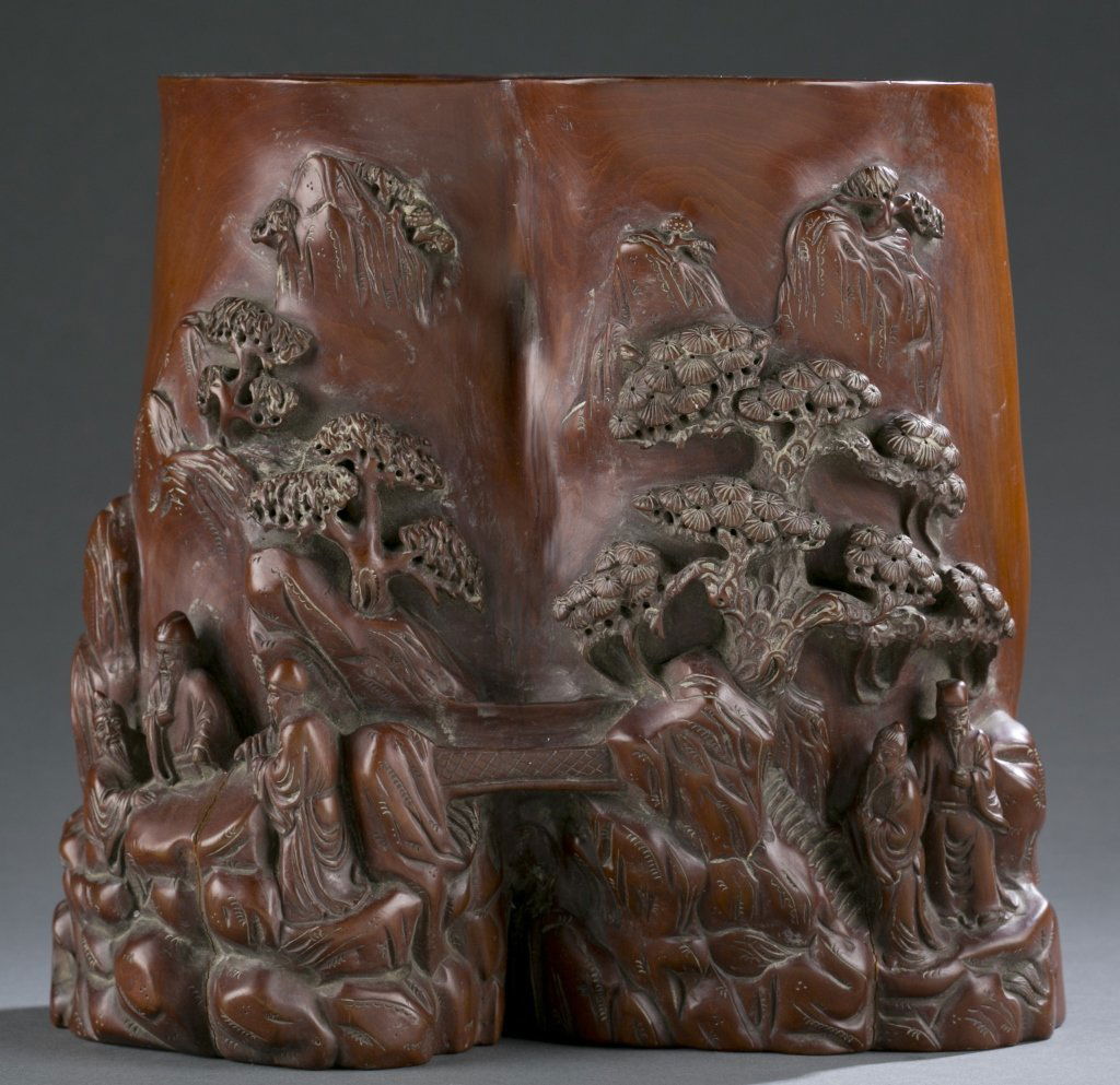Chinese carved boxwood brush pot. (1 of 6)