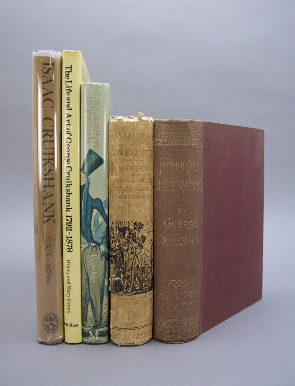 5 Books. Cruikshank incl: GALLERY OF COMICALITIES.: [Cruikshank] 5 Titles. 8vo/4to. Hardcover (3 in dj). ++ GALLERY OF COMICALITIES, Embracing Humorous Sketches by the Brothers Robert and George Cruikshank. Lon: Charles Hindley, (nd). Covers edgeworn,