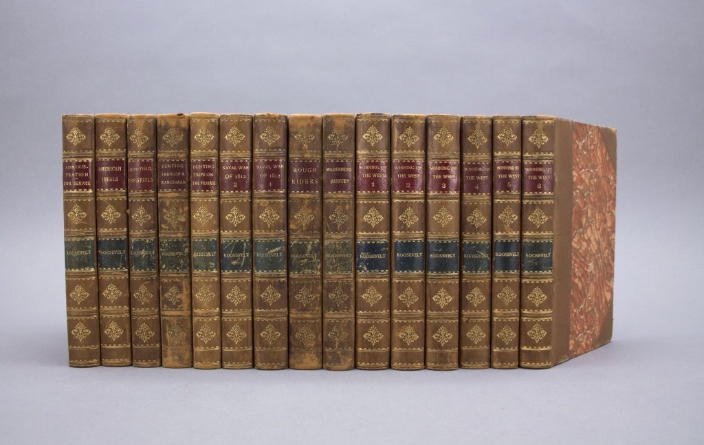 Theodore Roosevelt. 15 Vols. Putnam's, 1901-1902.: [Roosevelt, Theodore] [WORKS] 9 Titles (15 Vols). NY: G. P. Putnam’s Sons, 1901-02. Orig matching ½ leather and marbled board with red and black spine labels, marbled eps. Leather a little rubbed (