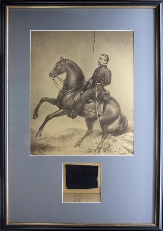 2 Items: Albumen of Gen. Kearney + uniform swatch.: [Civil War] 2 Items. ++ Photograph showing Maj. Gen. Philip Kearny on a horse. Probably an albumen of a painting. [Blindstamp of J. Gurney & Son, 707, Broadway, NY under matting.] 4 revenue stamps und