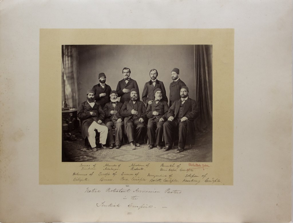Native Protestant Armenian Pastors...: [Middle East] Native Protestant Armenian Pastors In The Turkish Empire. Photograph by Abdullah Freres showing 9 pastors. Each subject in the photograph is handwritten on original mount. Photograph: 8 