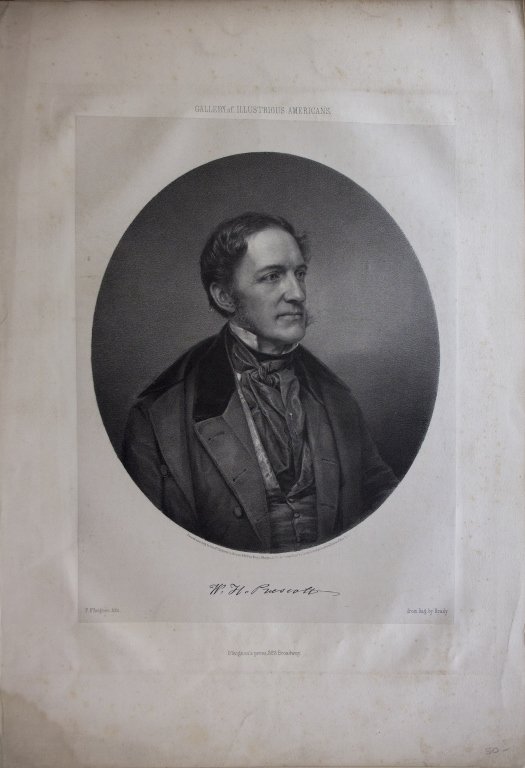 2 lithographs after daguerreotypes.: [Portraits] 2 Lithographs after Daguerreotypes. ++ W. H. Prescott. Lithograph by F. D’Avignon after a Daguerrotype by Matthew Brady from “Gallery of Illustrious Americans” (printed on original m