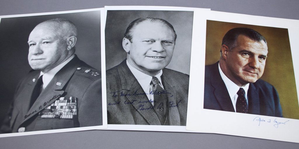 Gerald Ford, Hubert Humphrey, others.: [President/Vice President/Others] About 39 Items, some hand signed, some autopen, some printed signatures: Omar N Bradley (General of the Army), Gerald R. Ford, Spiro T. Agnew, 3 Hubert H. Humphrey (V