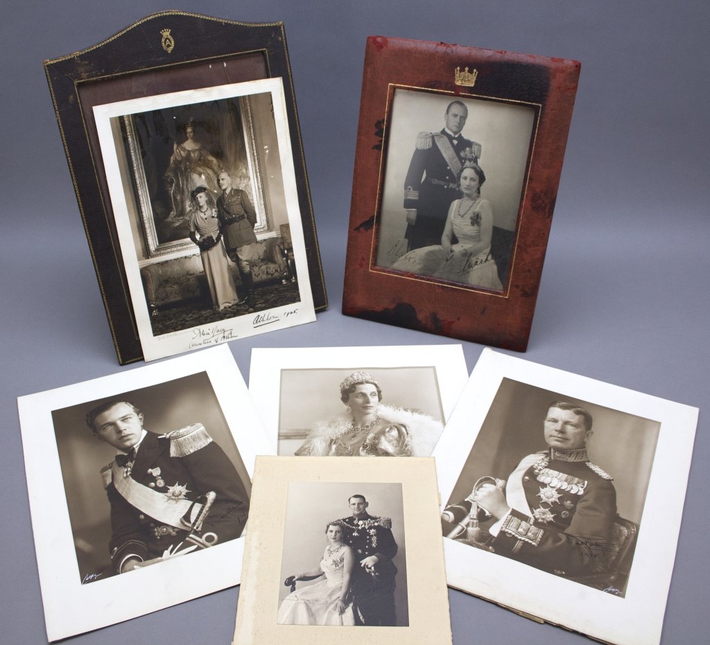 6 Signed photographs: Gustav VI, other royalty.: [Royalty/British Nobility] 6 Signed Photographs. ++ King Gustav VI Adolf (of Sweden). Sepia photograph Signed at lower right and dated “1938.” 8 ½” x 6 ½’. Very good, faint soiling to margin