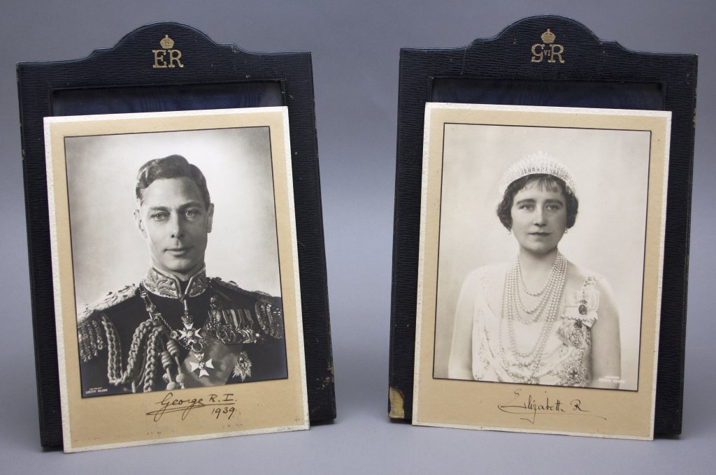 2 Signed Photographs: George VI + Elizabeth.: [Royalty] 2 Photographs, both signed on original mount below photo. ++ George VI (1895-1952,King of the United Kingdom 1936-52). Signed “George R. I./ 1939.” ++ “Elizabeth R” (Elizabeth Angela