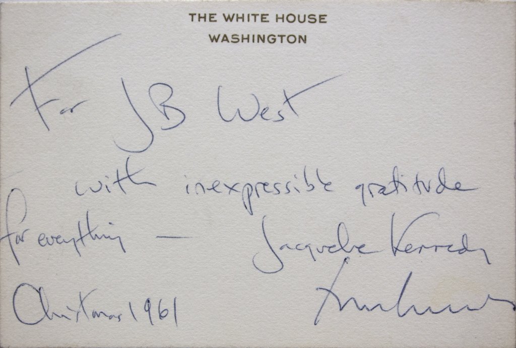 4 item sgd by Jackie Kennedy 1 sgd John F Kennedy.: [Kennedy, John F./Jacqueline] 4 items signed Jacqueline Kennedy (3 have the text in her handwriting, 1 also signed by John F. Kennedy). Addressed to James Bernard West (White House Chief Usher). Very 