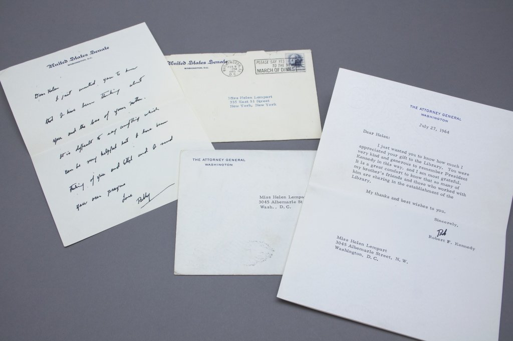 Robert Kennedy to Lempart: 2 letters (ALS + TLS).: [Kennedy, Robert]. 2 Signed Letters. ++ ALS to Helen Lempart sending condolences. Signed “Bobby.” Letterhead with “United States Senate/ Washington, D. C.” printed at top. 12mo. Some wear, nea