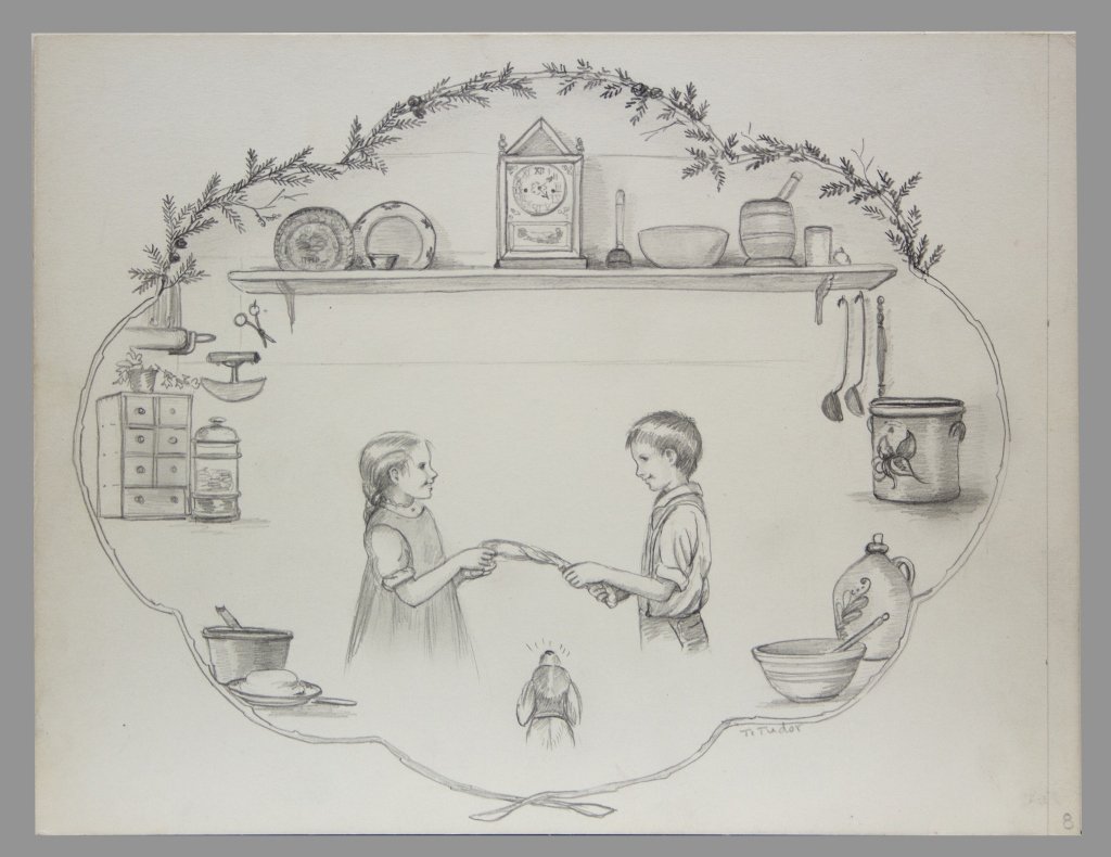 Tasha Tudor: Orig drawing for "Around the Year.": [Original Drawing] January. Graphite drawing for “Around the Year” [Pbd NY: Oxford University Press, 1957. Hare A56.] Signed “T. Tudor” to lower right of its branch border. Source of title is 
