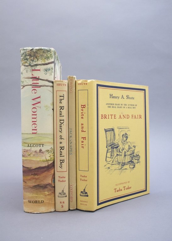 4 Books w/ drawing/sketch inscr by Tasha Tudor.: [Original Drawings] 4 Titles inscribed with original drawing or sketch by the illustrator, Tasha Tudor. 12mo/8vo. Cloth, good to near fine in fair to good dj. ++ Juliana Horatio Ewing. JACKANAPES. Oxf