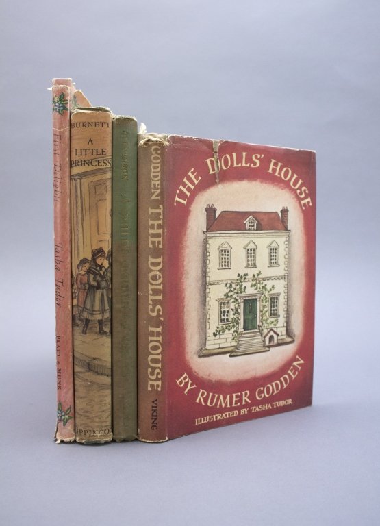 4 Books w/ drawings of girls inscr by Tasha Tudor.: [Original Drawings] 4 Titles signed and inscribed by the illustrator, Tasha Tudor, with original drawing. 8vo. ++ Robert Louis Stevenson. A CHILD’S GARDEN OF VERSES. Oxford University Press, 1947. 1