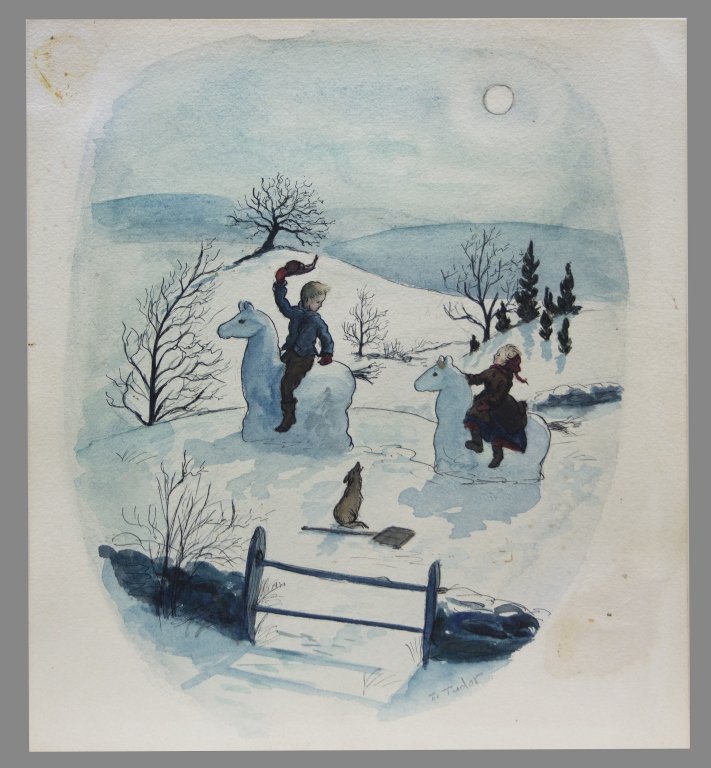 Tasha Tudor original for "Snow Before Christmas.": [Watercolor] Tasha Tudor. Original pen and watercolor illustration for “Snow Before Christmas” [Oxford University Press, 1941. Hare S-61.] Signed “T. Tudor” in image at lower right. Shows 2 ch