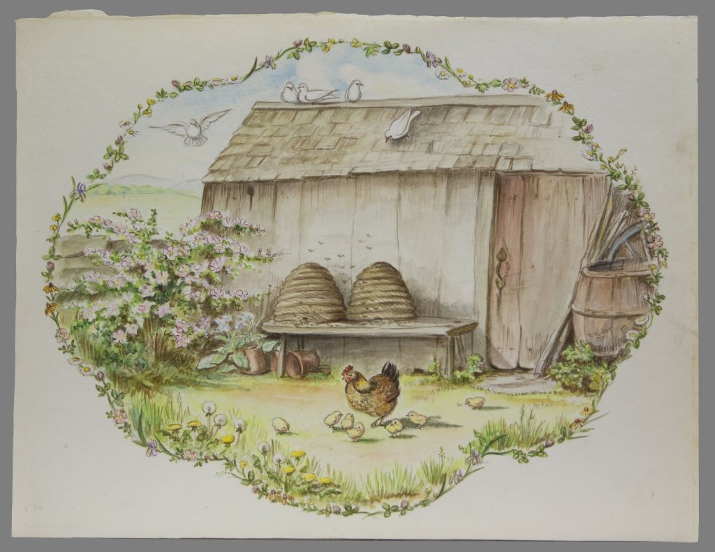Tasha Tudor: Watercolor: hen for "Around the Year": [Watercolors] Original watercolor illustration by Tasha Tudor showing a hen in front of a barn, for “Around the Year” [Pbd NY: Oxford University Press, 1957. Hare A56.] Some preliminary sketching 