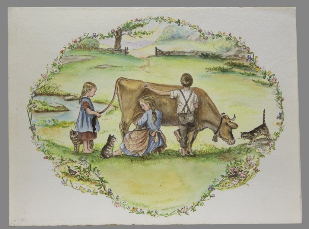 Tasha Tudor orig watercolor (3 children, 3 cats).: [Watercolors]. Original watercolor illustration by Tasha Tudor of 3 children, a cow, and 3 cats, for Around the Year [Pbd NY: Oxford University Press, 1957. Hare A56.] Signed "T. Tudor" in floral bord