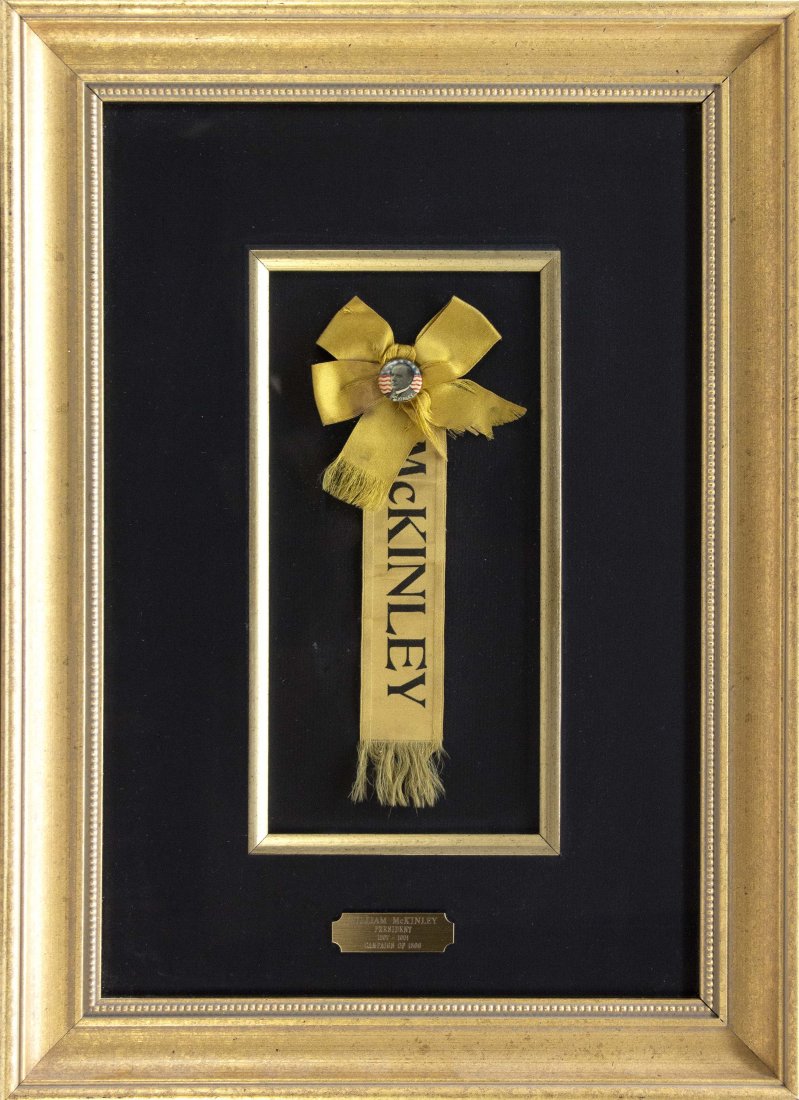 3 McKinley campaign items: 1 Ribbon + 2 Banners.: [Politics] 3 McKinley campaign Items. Under glass. Not examined out of frames. ++ Handkerchief campaign banner with American flag at center and a border containing the slogan “Republican Protection 