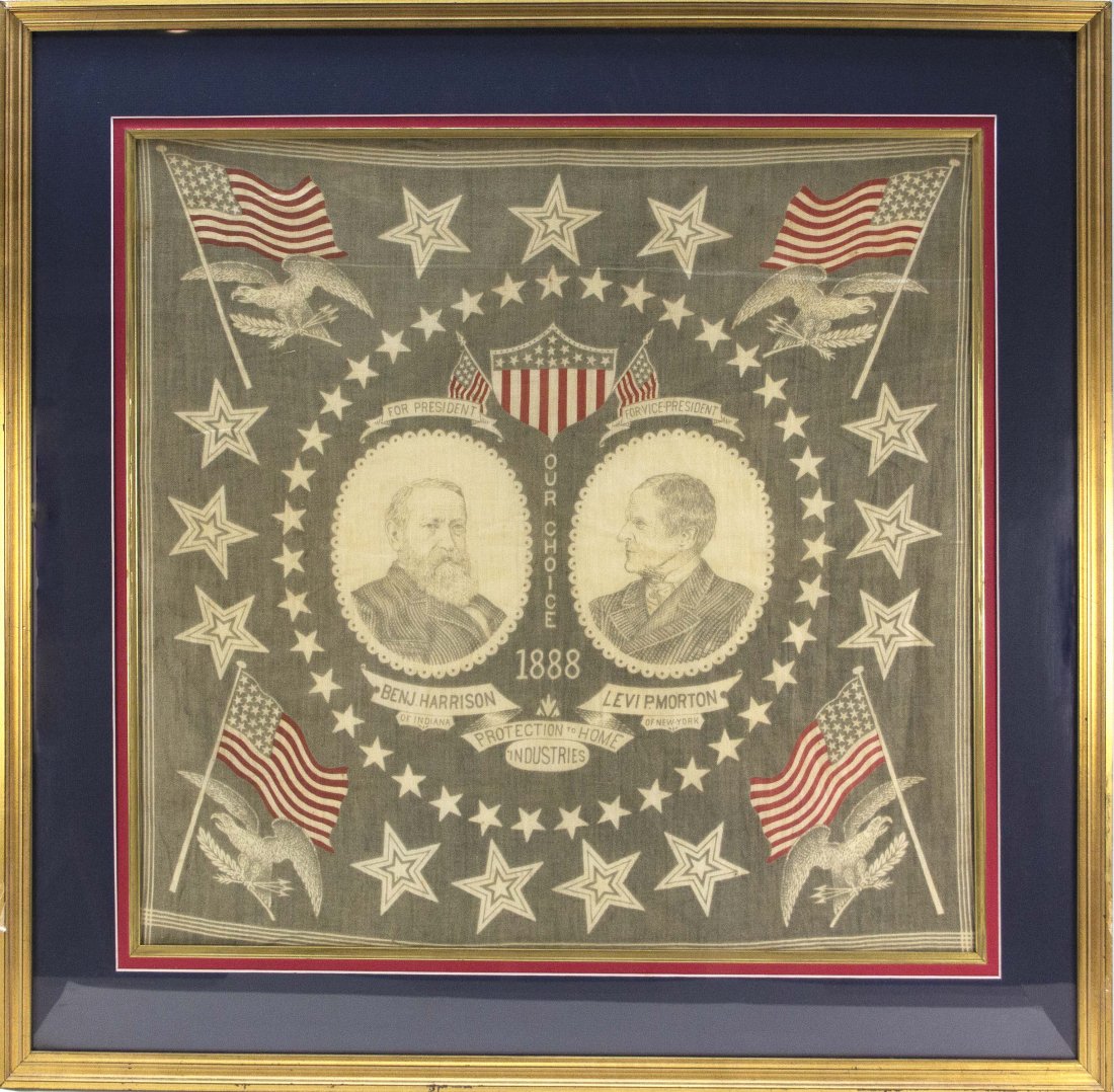 2 Benjamin Harrison hankerchief campaign banners.: [Politics] 2 Handkerchief campaign banners for Benjamin Harrision. Under glass. Not examined out of frames. ++ Banner showing side by side portrait sketches of Presidential and Vice Presidential candi