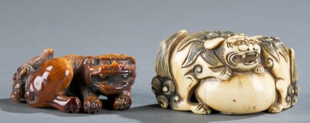 Group of 2 Japanese ivory netsuke of Shishi. (1 of 6)