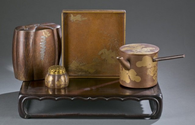 Group of 4 Japanese lacquer wares on stand. (1 of 10)